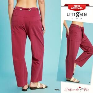 Umgee High Waist Adjustable Drawstring Casual Relaxed Fit Wide Leg Pants | Wine